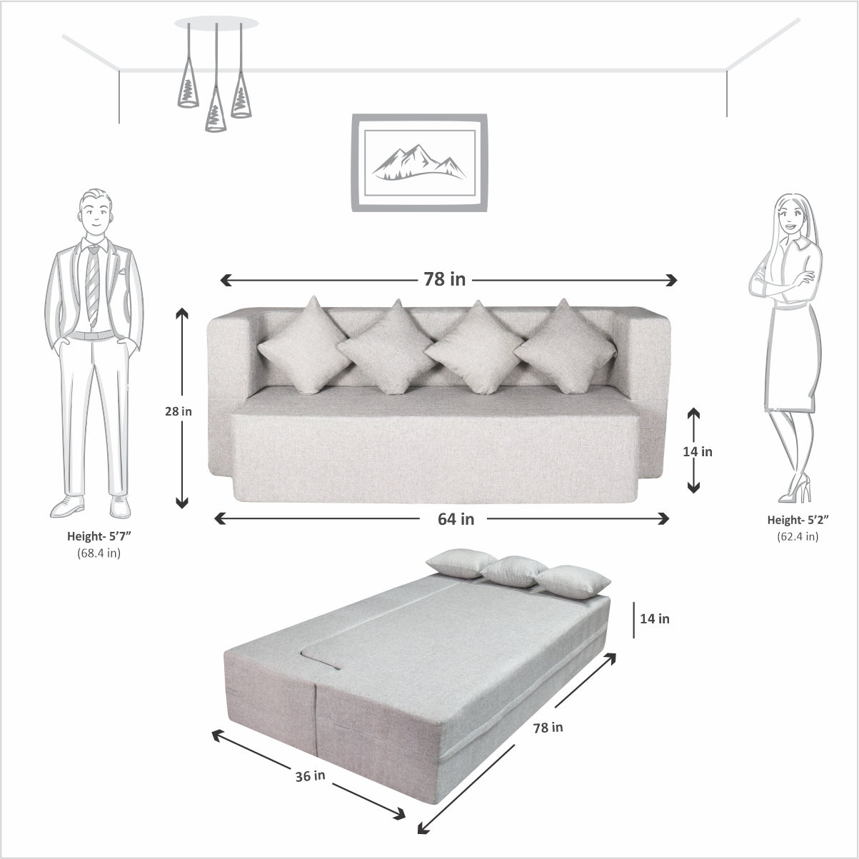 Light Grey Jute Fabric (78"x36"x14") FlipperX Sofa cum Bed with 4 Same Cushions