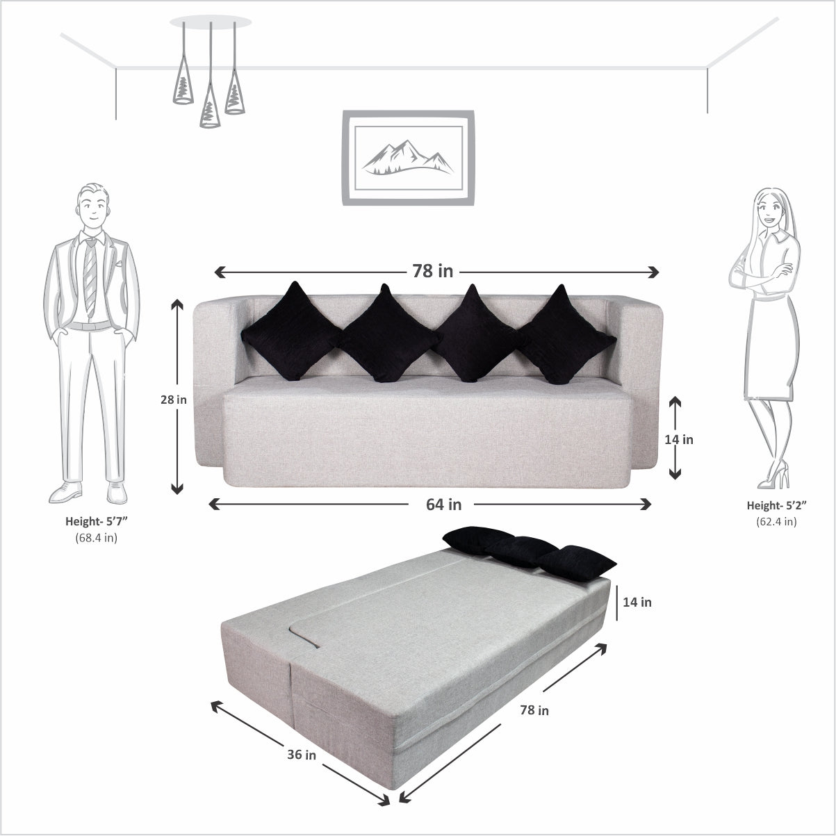 Light Grey Jute Fabric (78"x36"x14") FlipperX Sofa cum Bed with 4 Back Cushions