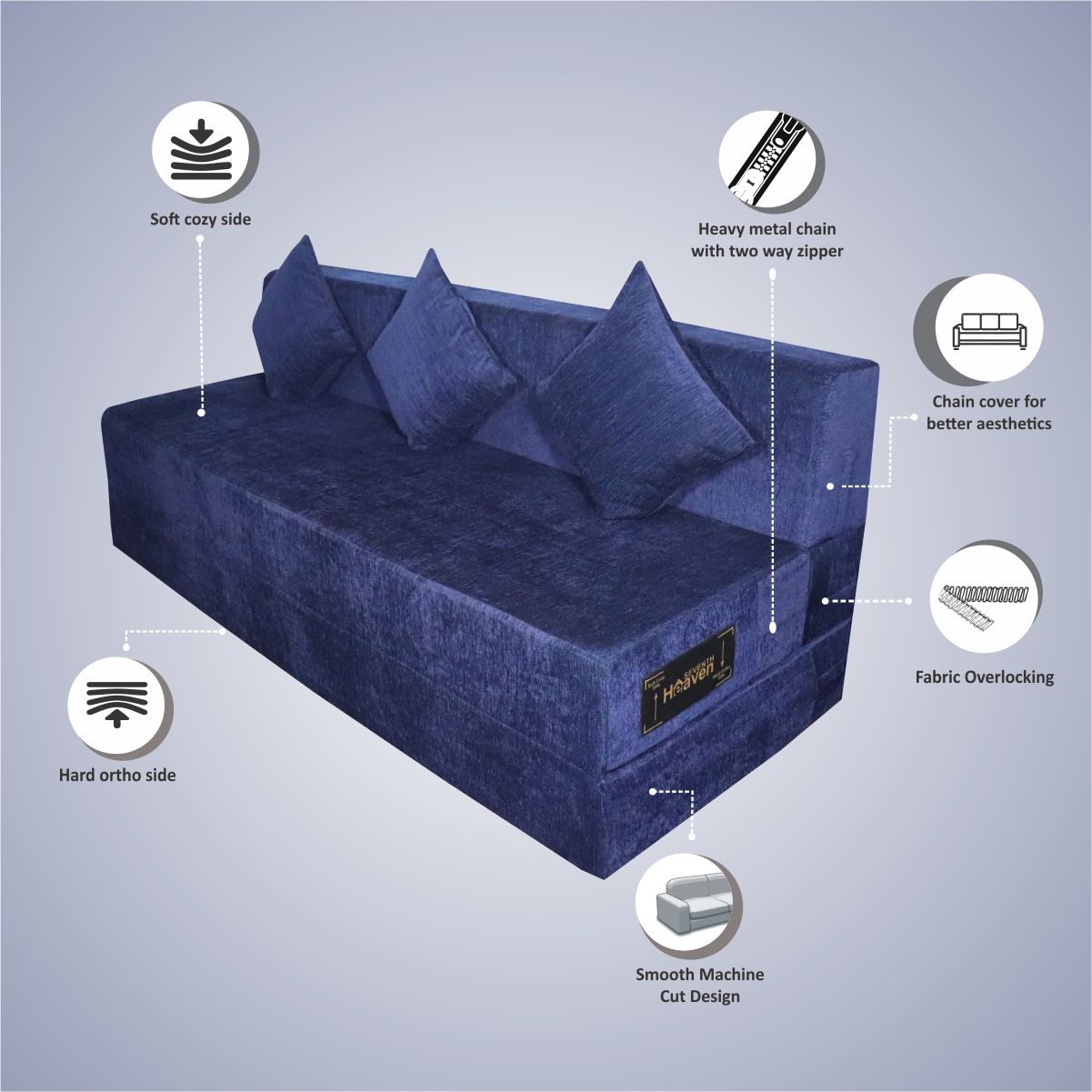Blue Chenille Molfino Fabric 6×6 Sofa cum Bed with 3 Cushion
