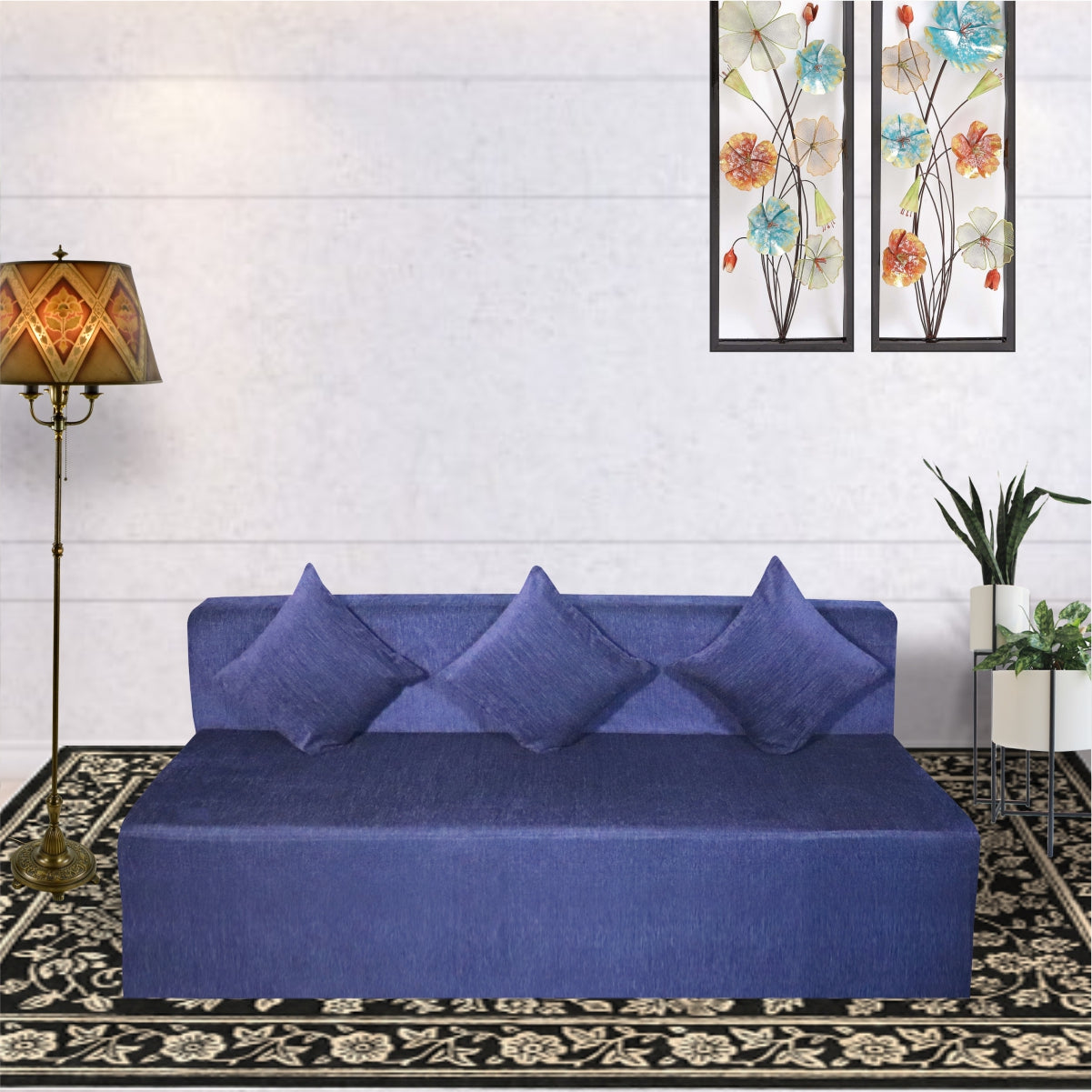 Blue Chenille Molfino Fabric 6×6 Sofa cum Bed with 3 Cushion