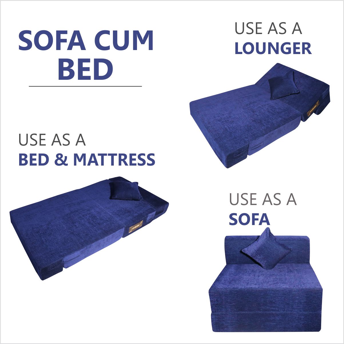 Blue Chenille Molfino Fabric 6×2.5 Sofa cum Bed with 1 Cushion