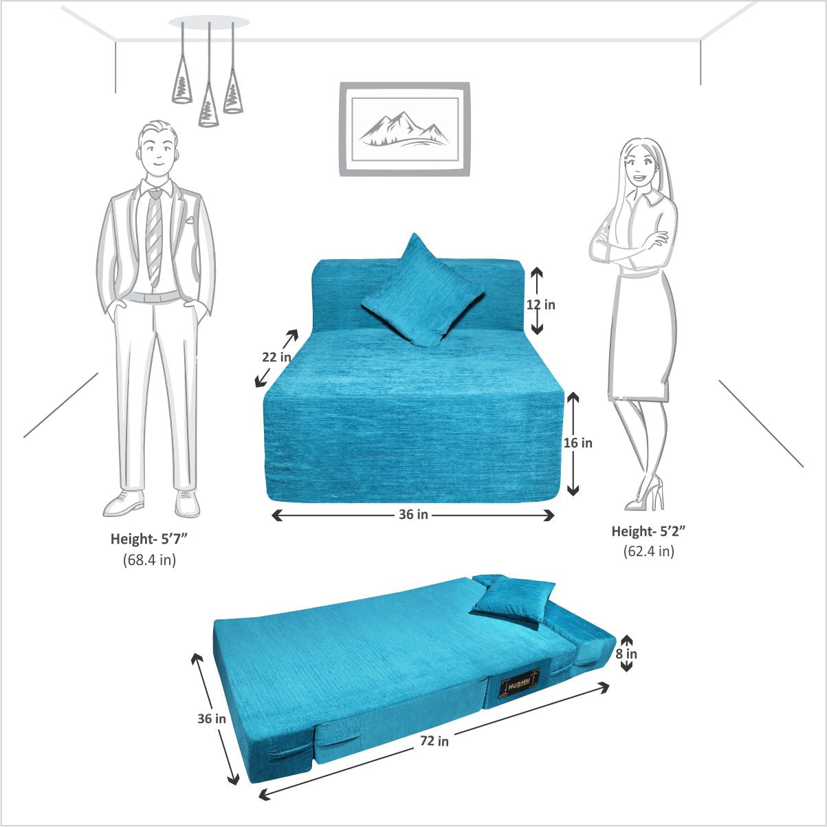 Sky Blue Chenille Molfino Fabric 6×3 Sofa cum Bed with 1 Cushion