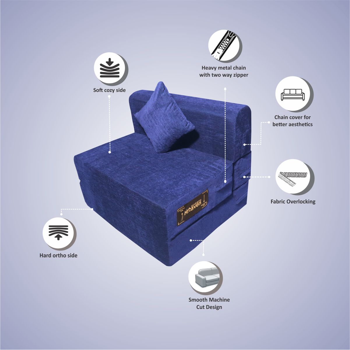Blue Chenille Molfino Fabric 6×3 Sofa cum Bed with 1 Cushion