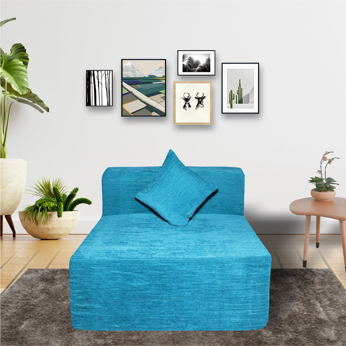 Sky Blue Chenille Molfino Fabric 6×3 Sofa cum Bed with 1 Cushion