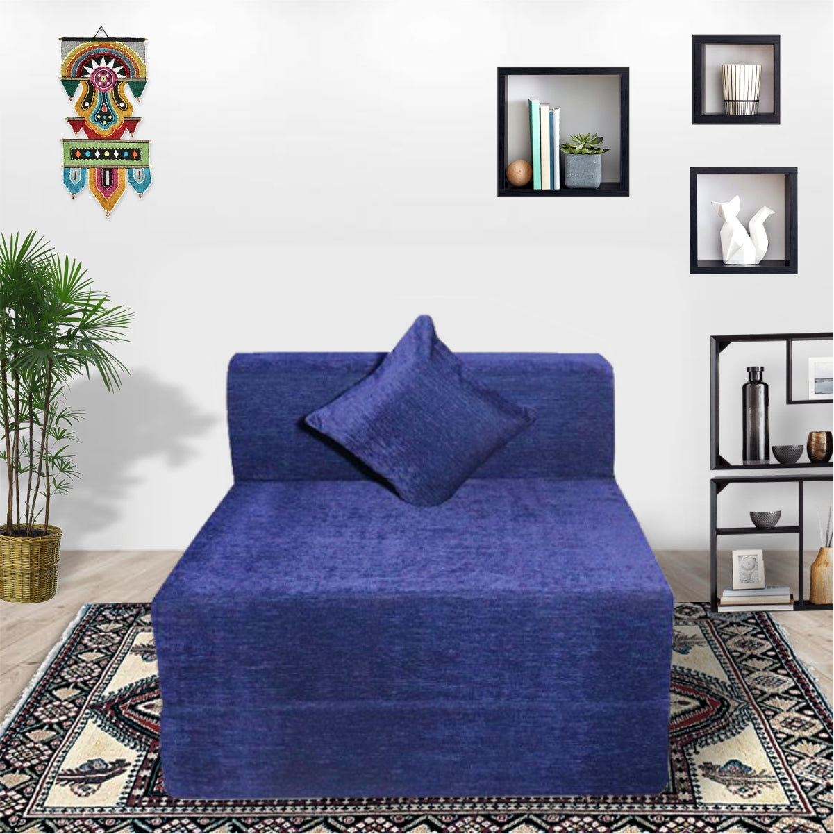 Blue Molfino Fabric 6'×3' Sofa cum Bed with 1 Cushion