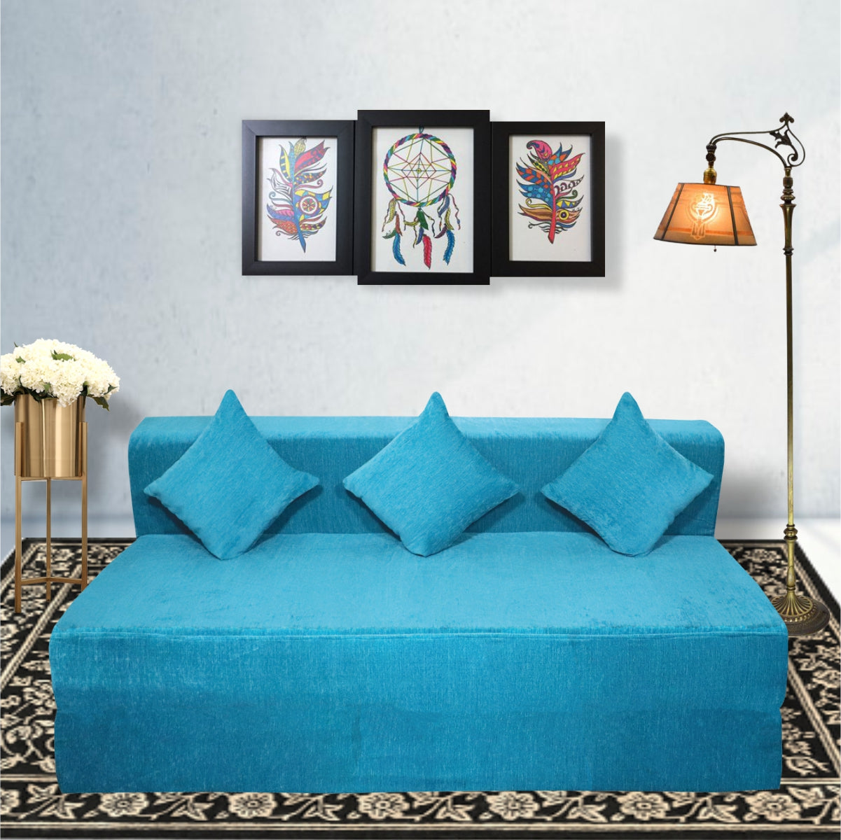 Seventh Heaven Sky Blue Morphino Fabric 6×6 Sofa cum Bed with 3 Cushion