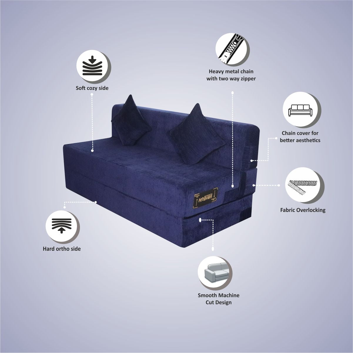 Blue Chenille Molfino Fabric 6×5 Sofa cum Bed with 2 Cushion