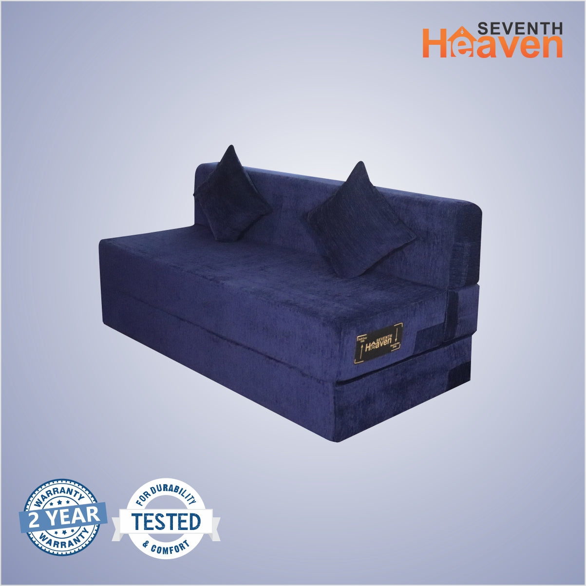 Blue Chenille Molfino Fabric 6×5 Sofa cum Bed with 2 Cushion