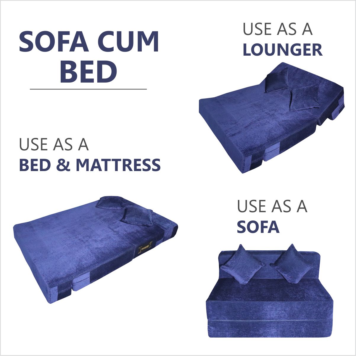 Blue Chenille Molfino Fabric 6×4 Sofa cum Bed with 2 Cushion