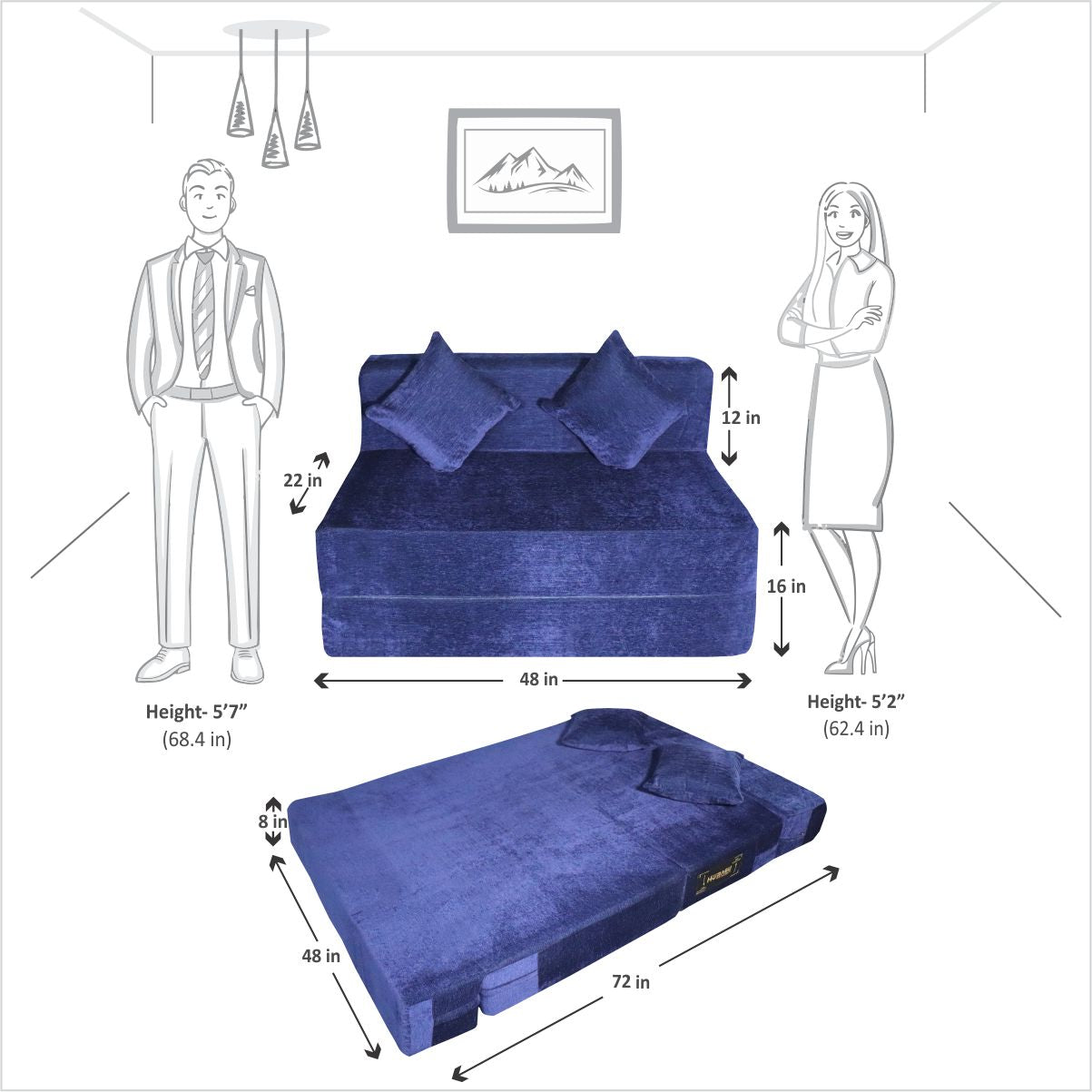 Blue Chenille Molfino Fabric 6×4 Sofa cum Bed with 2 Cushion