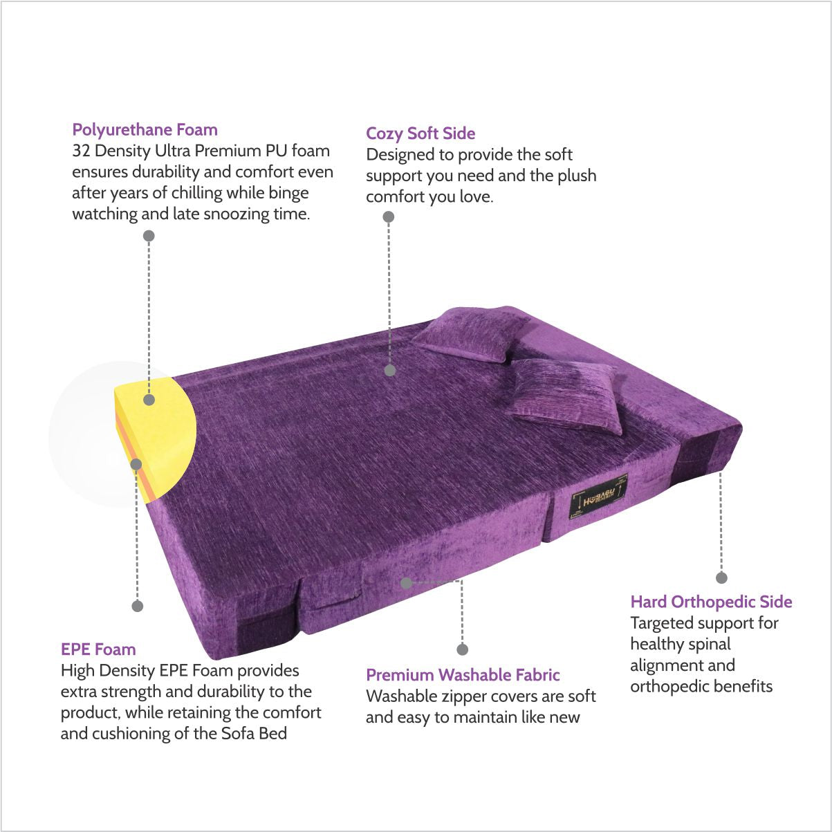 Purple Chenille Molfino Fabric 6×4 Sofa cum Bed with 2 Cushion
