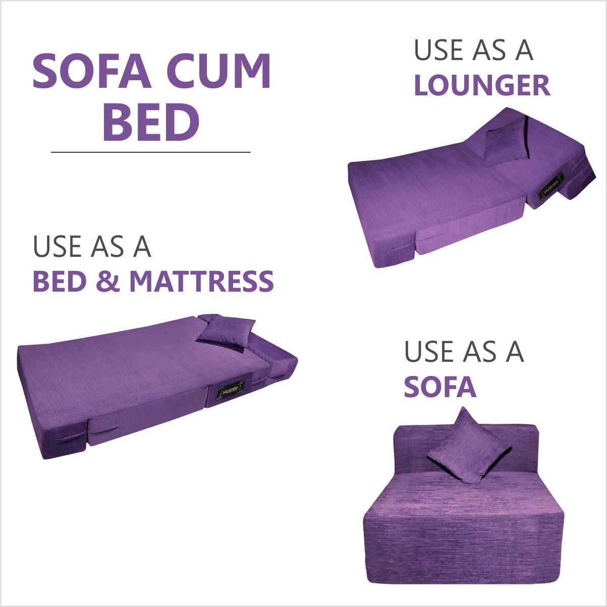 Purple Chenille Molfino Fabric 6×2.5 Sofa cum Bed with 1 Cushion