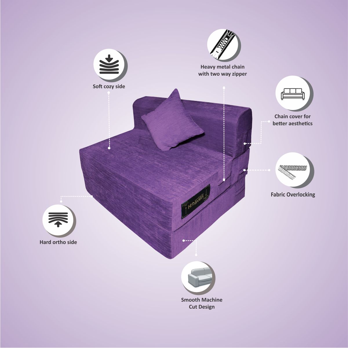 Purple Molfino Fabric 6'×3' Sofa cum Bed with 1 Cushion