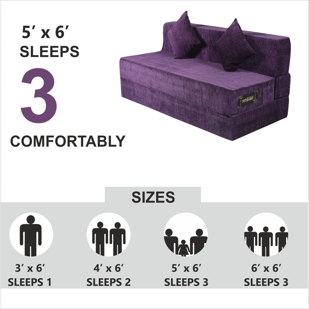 Purple Chenille Molfino Fabric 6×5 Sofa cum Bed with 2 Cushion