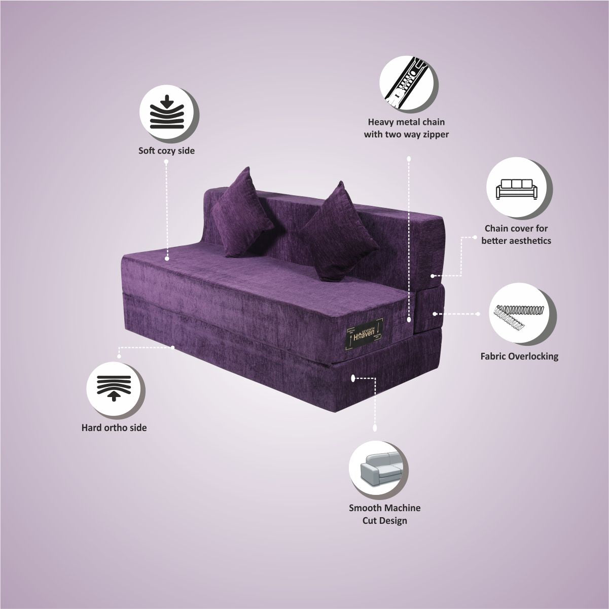 Purple Chenille Molfino Fabric 6×5 Sofa cum Bed with 2 Cushion
