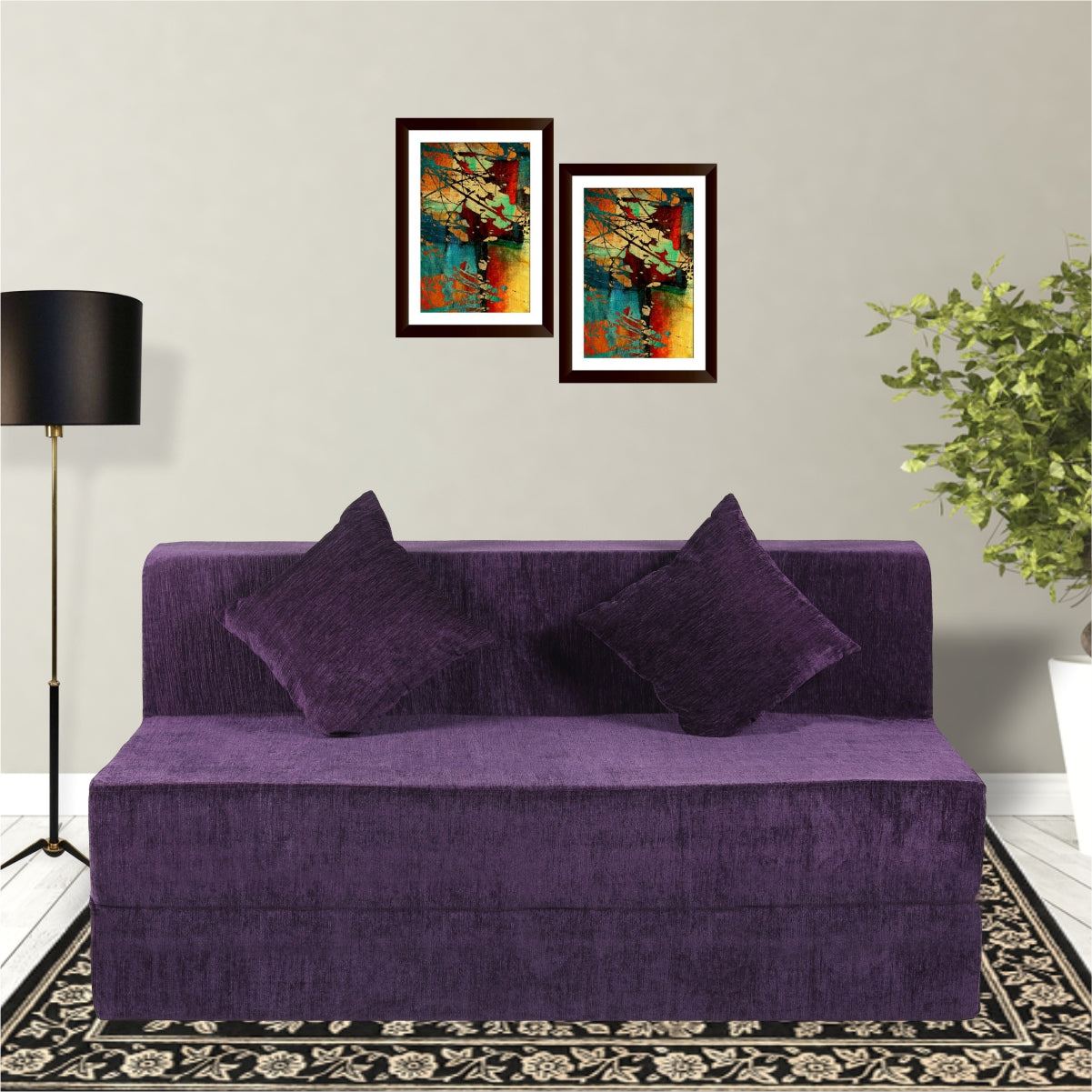 Seventh Heaven Purple Morphino Fabric 6×5 Sofa cum Bed with 2 Cushion