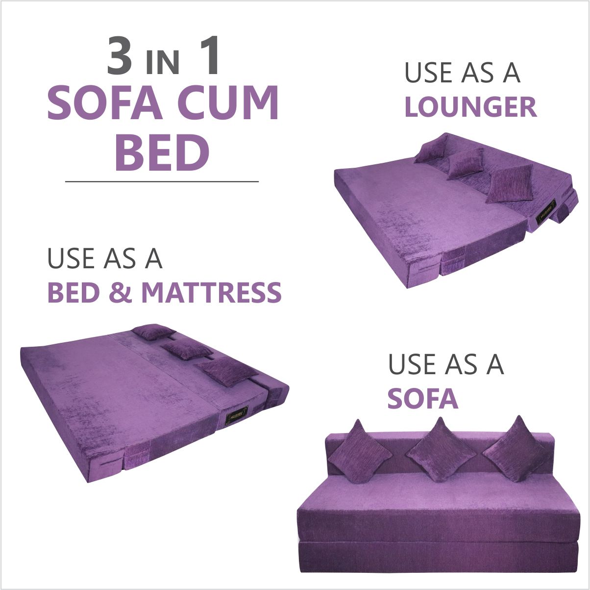 Purple Chenille Molfino Fabric 6×6 Sofa cum Bed with 3 Cushion