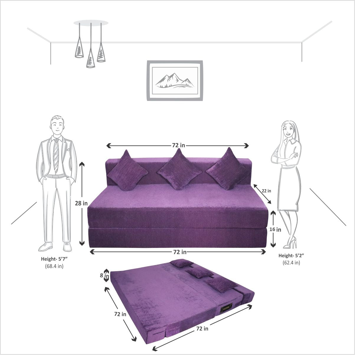 Purple Chenille Molfino Fabric 6×6 Sofa cum Bed with 3 Cushion