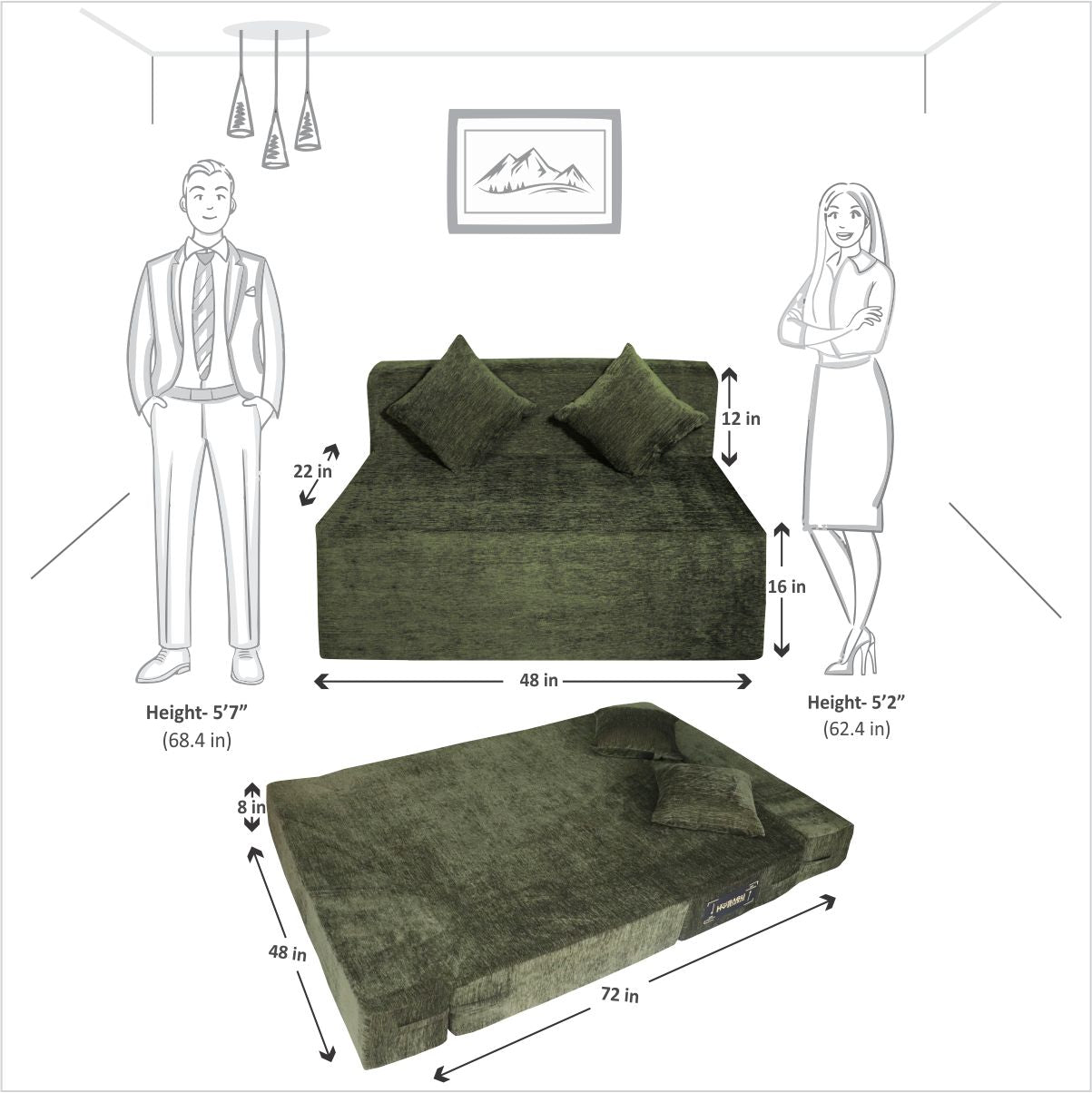 Emerald Green Chenille Molfino Fabric 6×4 Sofa cum Bed with 2 Cushion