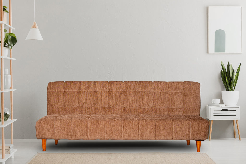 Seventh Heaven Florida Neo 4 Seater Wooden Sofa Cum Bed Modern & Elegant Smart Furniture Range for luxurious homes, living rooms and offices. Use as a sofa, lounger or bed. Perfect for guests. Beige Colour Molphino fabric with sheesham polished wooden legs.