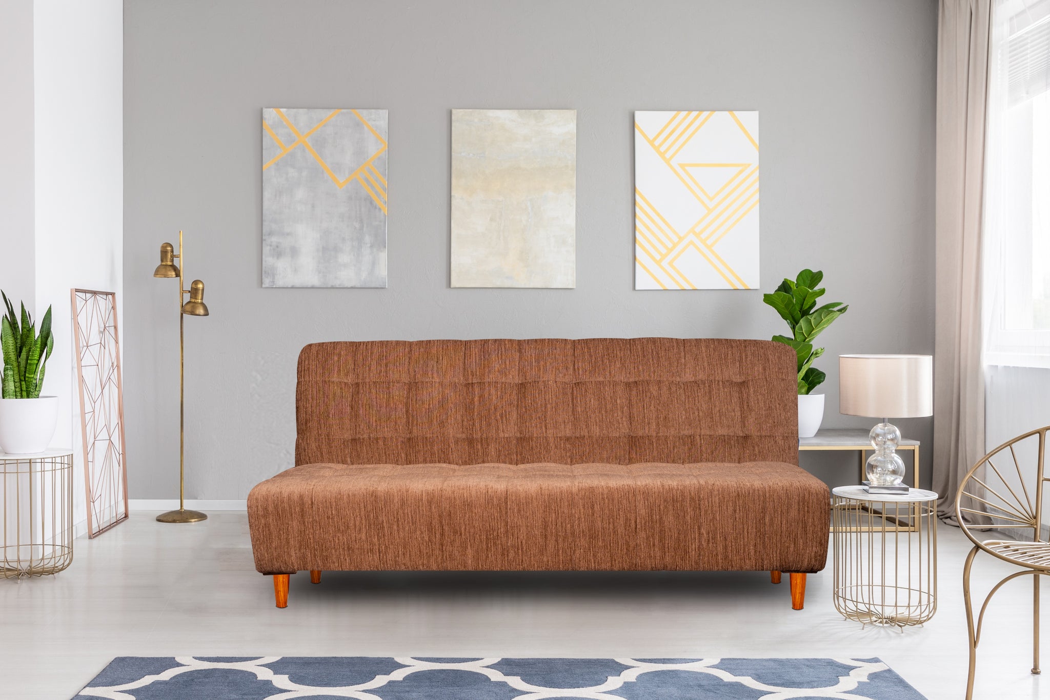 Seventh Heaven Florida 4 Seater Wooden Sofa Cum Bed. Modern & Elegant Smart Furniture Range for luxurious homes, living rooms and offices. Use as a sofa, lounger or bed. Perfect for guests. Molphino fabric with sheesham polished wooden legs. Beige colour.