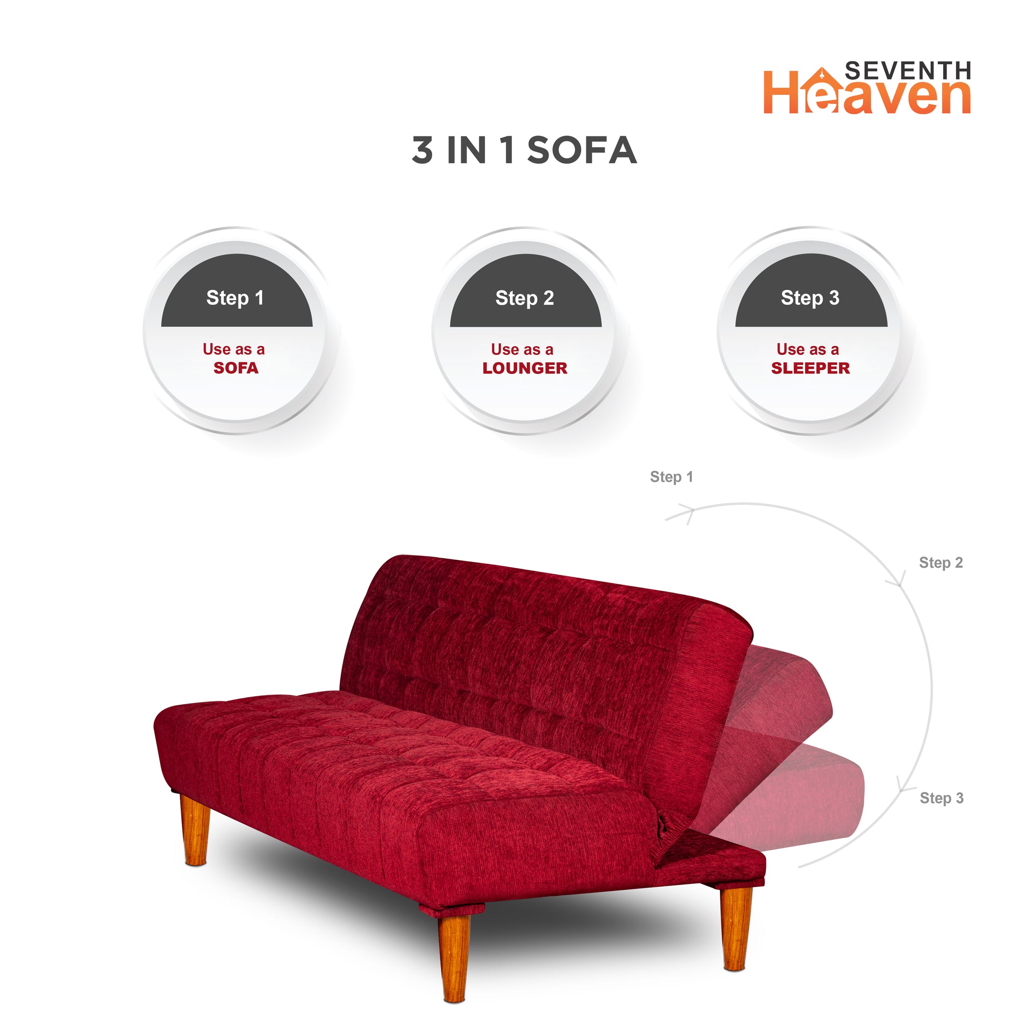 Seventh Heaven Florida Neo 4 Seater Wooden Sofa Cum Bed Modern & Elegant Smart Furniture Range for luxurious homes, living rooms and offices. Use as a sofa, lounger or bed. Perfect for guests. Molphino fabric with sheesham polished wooden legs. Maroon colour.