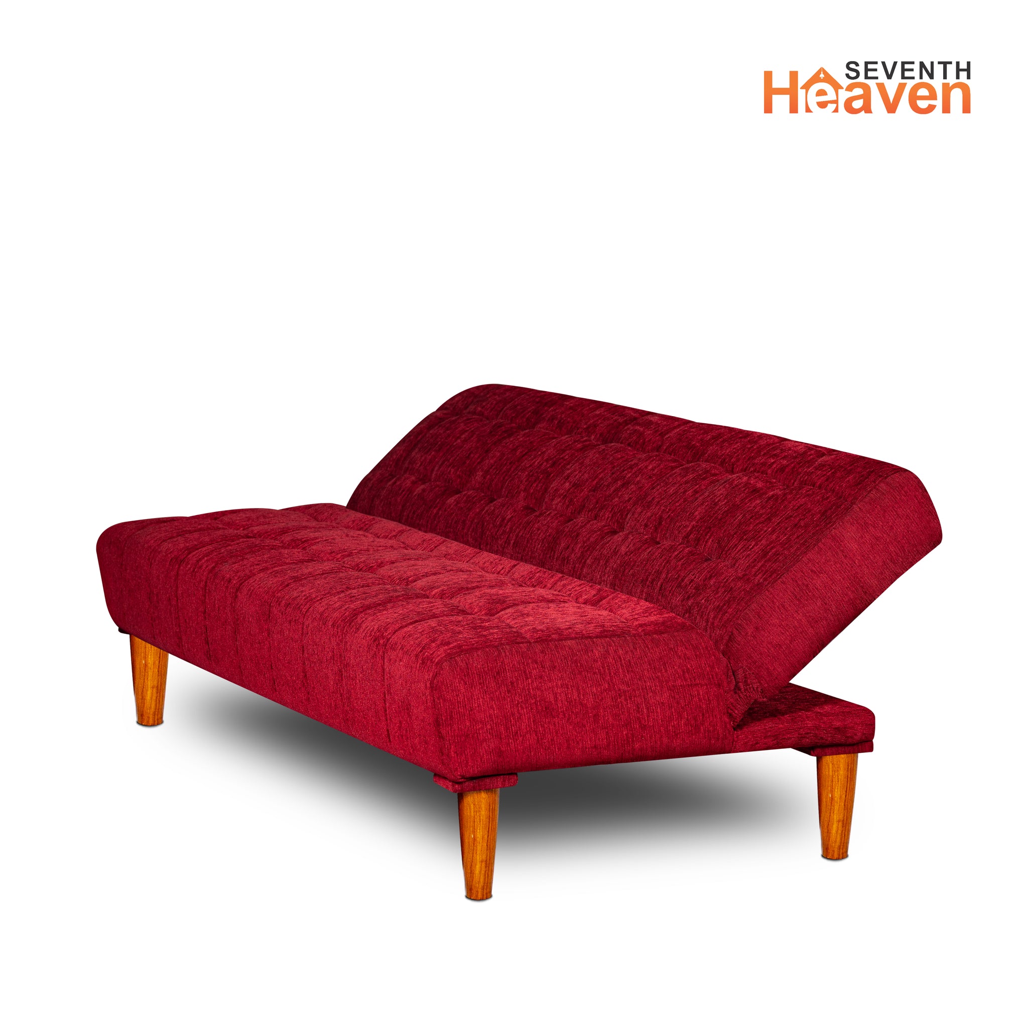 Seventh Heaven Florida Neo 4 Seater Wooden Sofa Cum Bed Modern & Elegant Smart Furniture Range for luxurious homes, living rooms and offices. Use as a sofa, lounger or bed. Perfect for guests. Molphino fabric with sheesham polished wooden legs. Maroon colour.