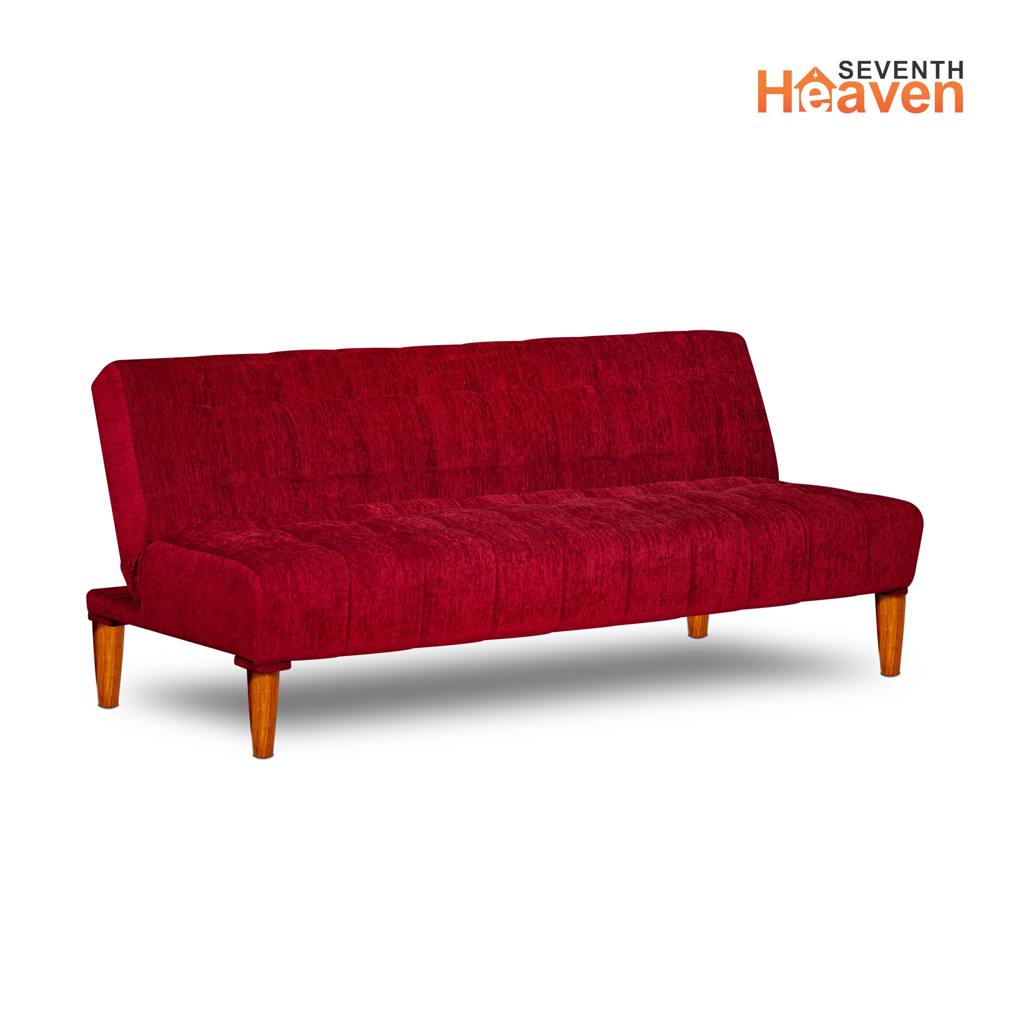 Seventh Heaven Florida Neo 4 Seater Wooden Sofa Cum Bed Modern & Elegant Smart Furniture Range for luxurious homes, living rooms and offices. Use as a sofa, lounger or bed. Perfect for guests. Molphino fabric with sheesham polished wooden legs. Maroon colour.