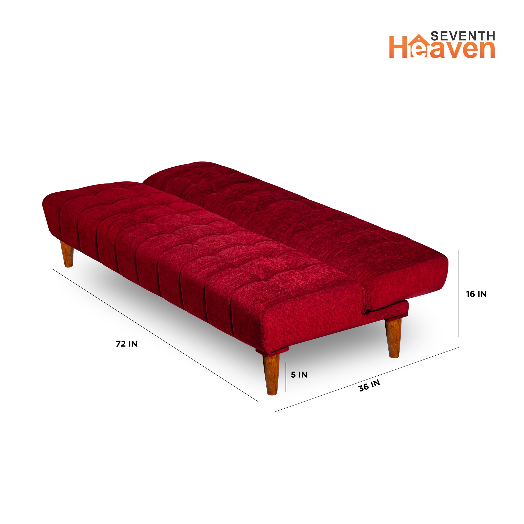 Seventh Heaven Florida Neo 4 Seater Wooden Sofa Cum Bed Modern & Elegant Smart Furniture Range for luxurious homes, living rooms and offices. Use as a sofa, lounger or bed. Perfect for guests. Molphino fabric with sheesham polished wooden legs. Maroon colour.