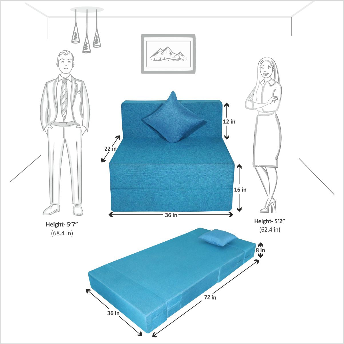 Blue Jute Fabric 6×3 Sofa cum Bed with 1 Cushion