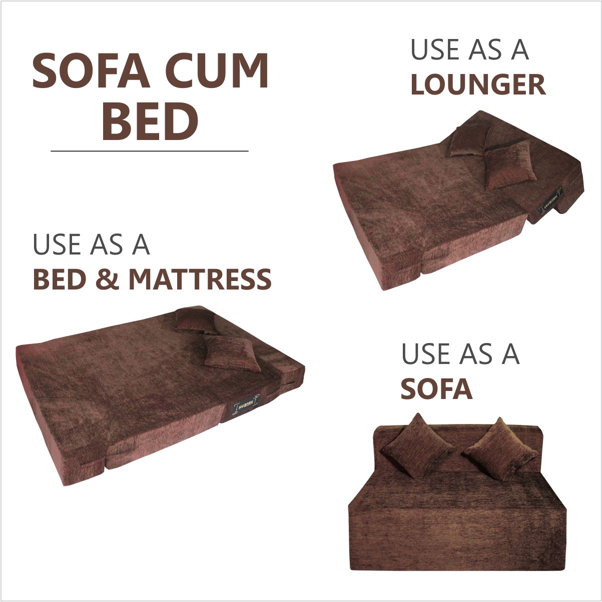 Brown Molfino Fabric 6×4 Sofa cum Bed with 2 Cushion