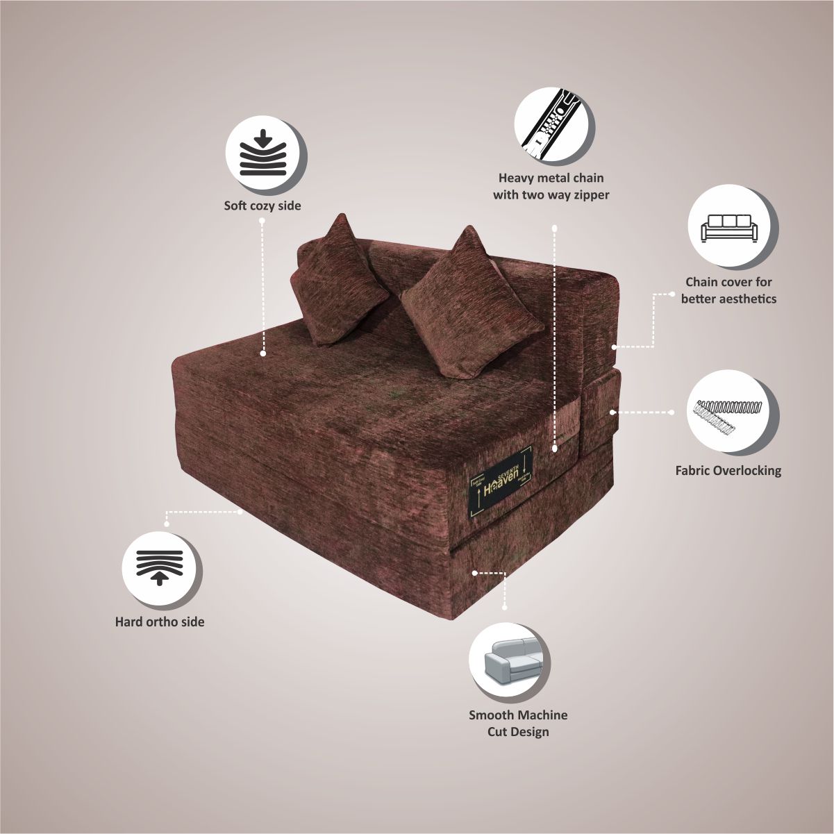 Brown Molfino Fabric 6×4 Sofa cum Bed with 2 Cushion