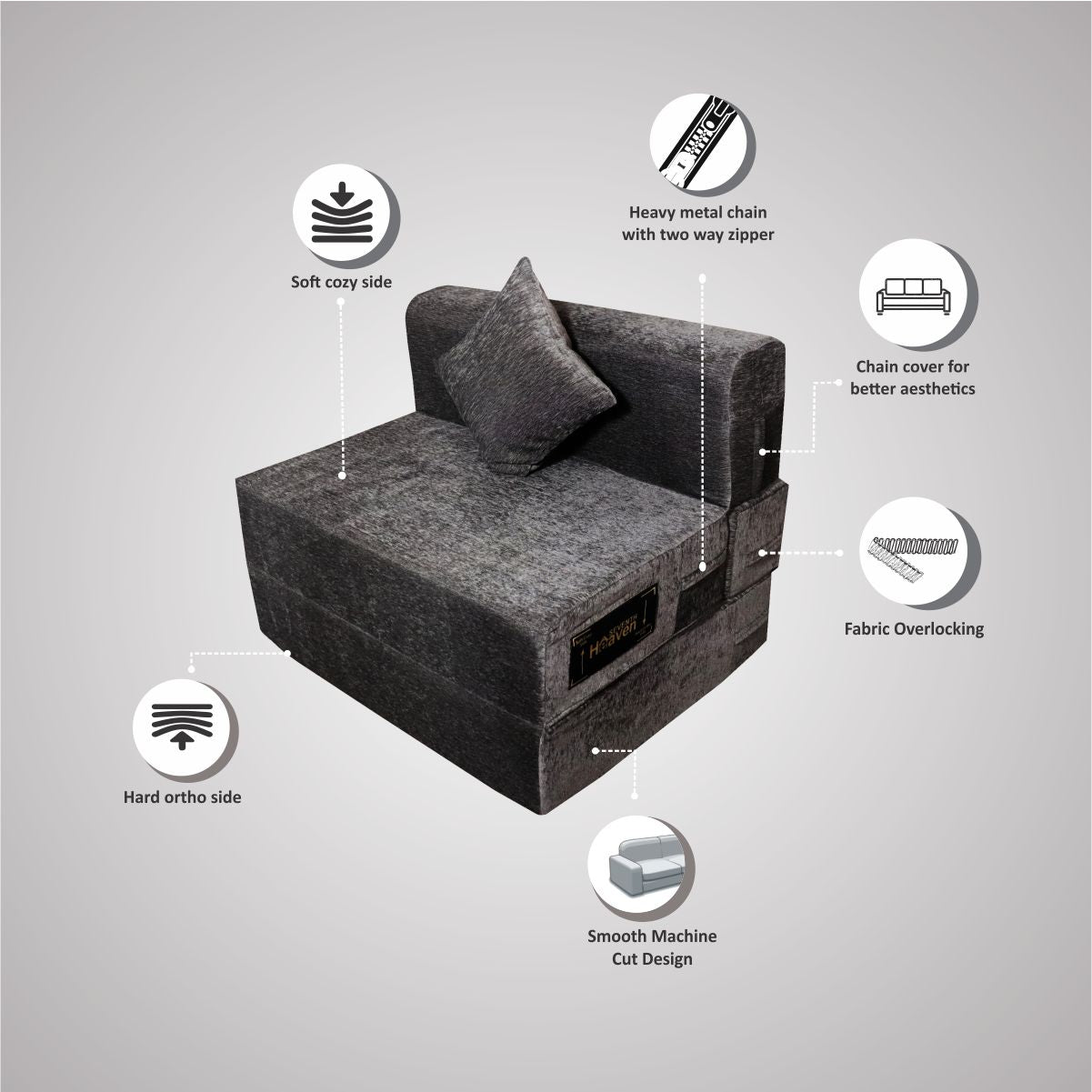 Fossil Grey Chenille Molfino Fabric 6×3 Sofa cum Bed with 1 Cushion