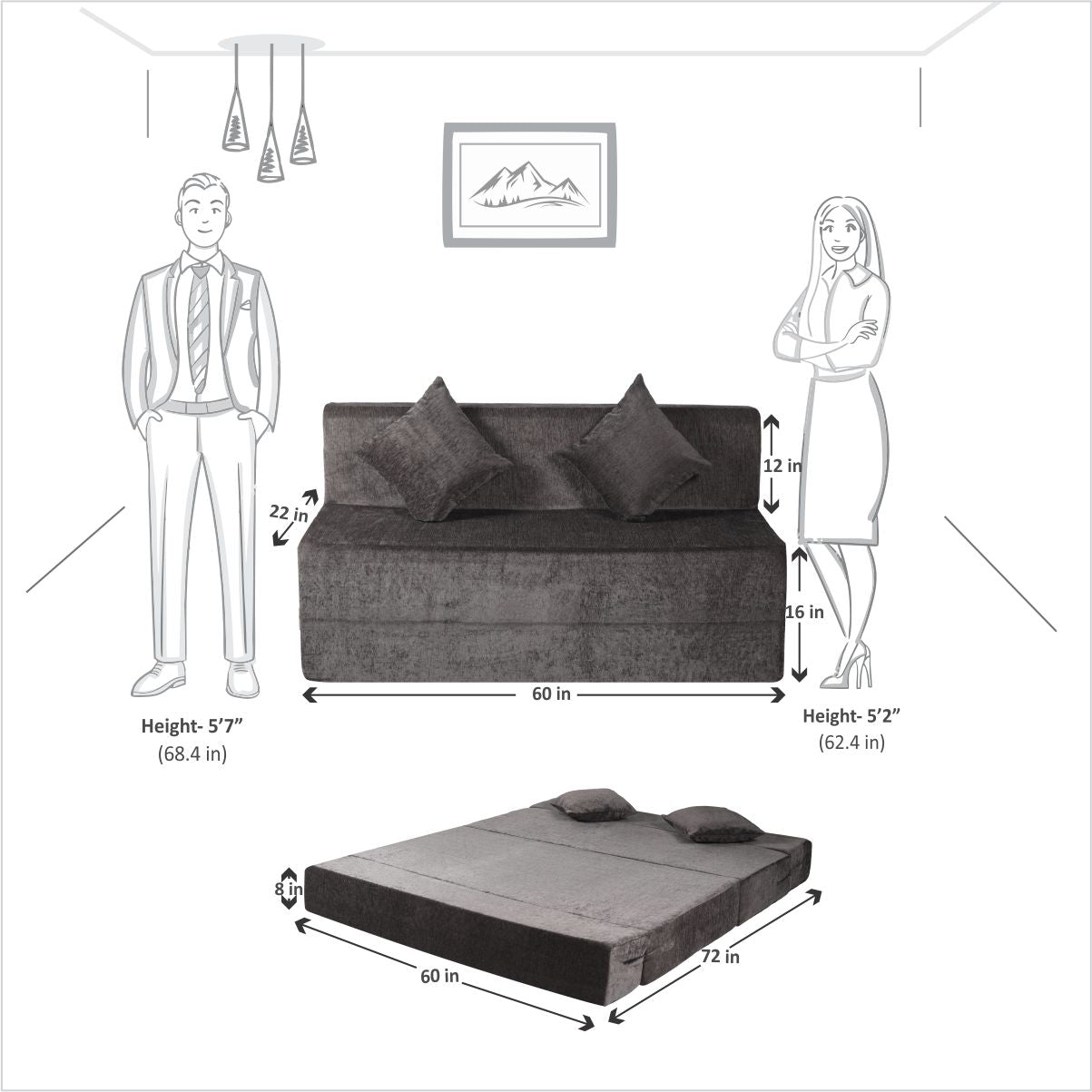 Fossil Grey Chenille Molfino Fabric 6×5 Sofa cum Bed with 2 Cushion