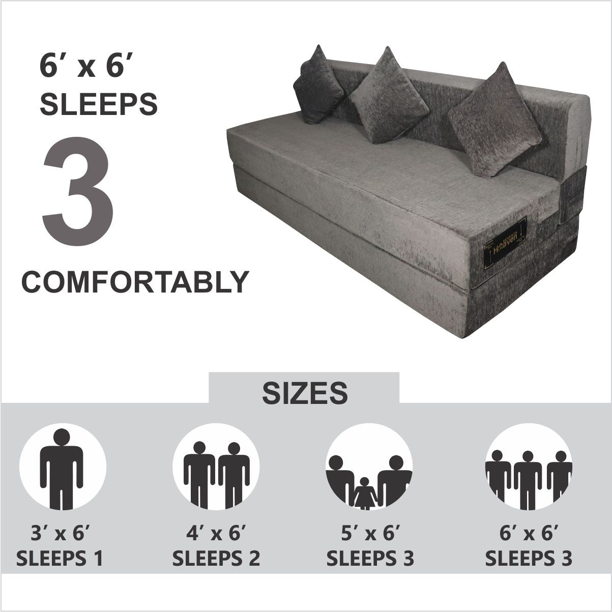 Grey Chenille Molfino Fabric 6×6 Sofa cum Bed with 3 Cushion