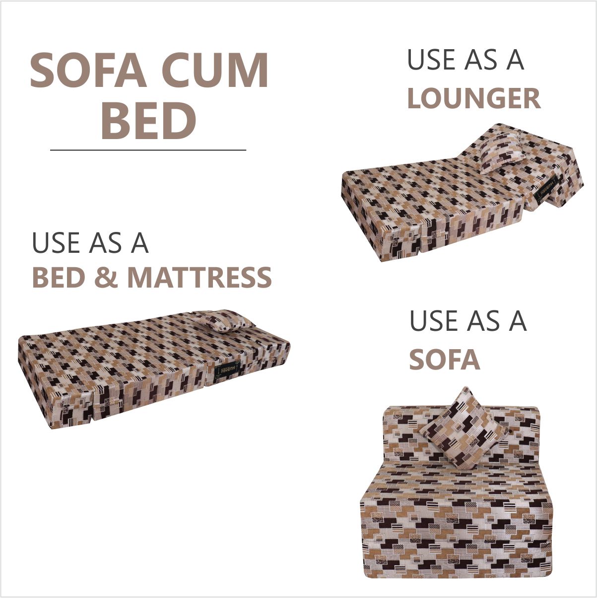 Brown & Black Molfino Fabric 6'×3' Sofa cum Bed with 1 Cushion