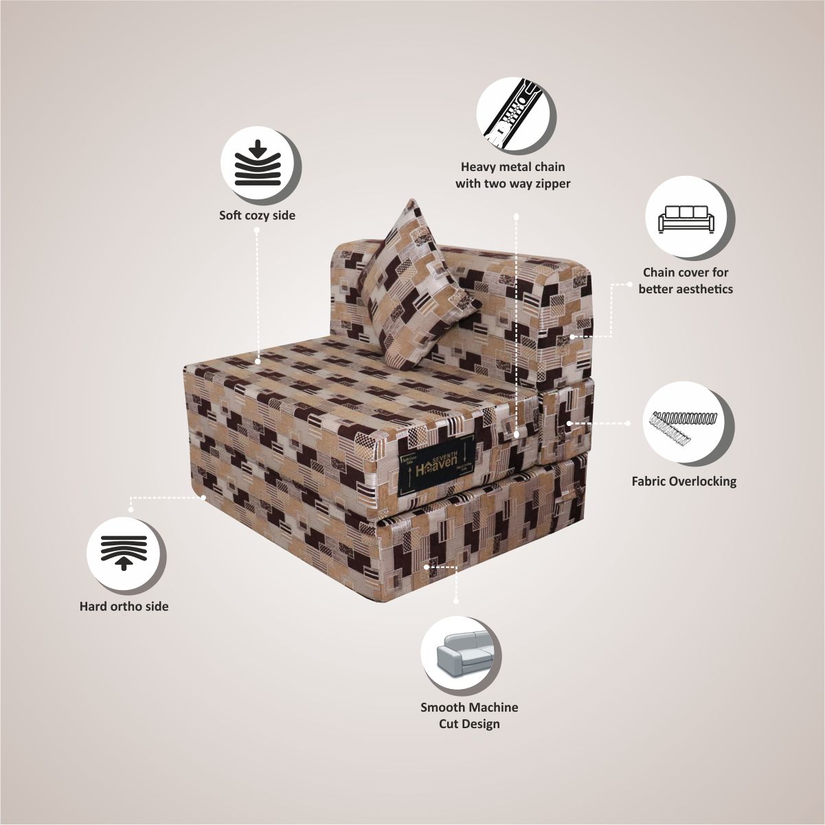 Brown & Black Molfino Fabric 6'×3' Sofa cum Bed with 1 Cushion