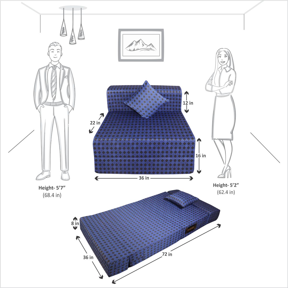 Blue & Black 6×3 Sofa cum Bed with 1 Cushion