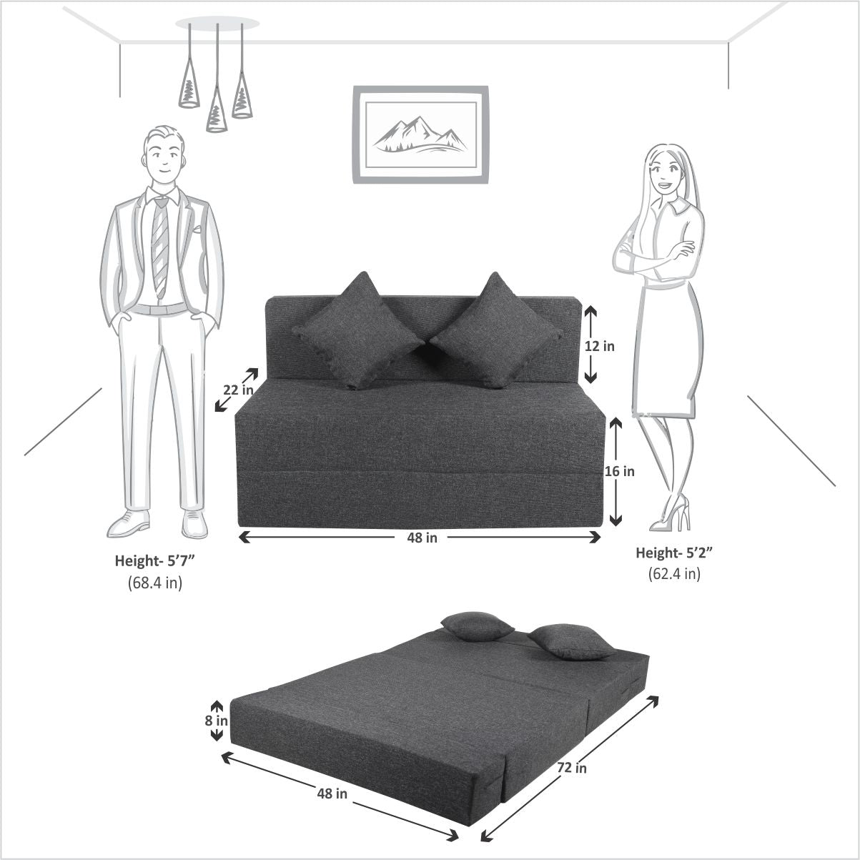 Grey Jute Fabric 6×4 Sofa cum Bed with 2 Cushion