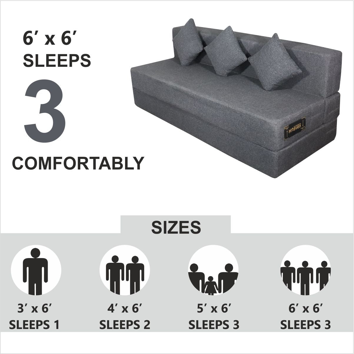 Grey Jute Fabric 6×6 Sofa cum Bed with 3 Cushion