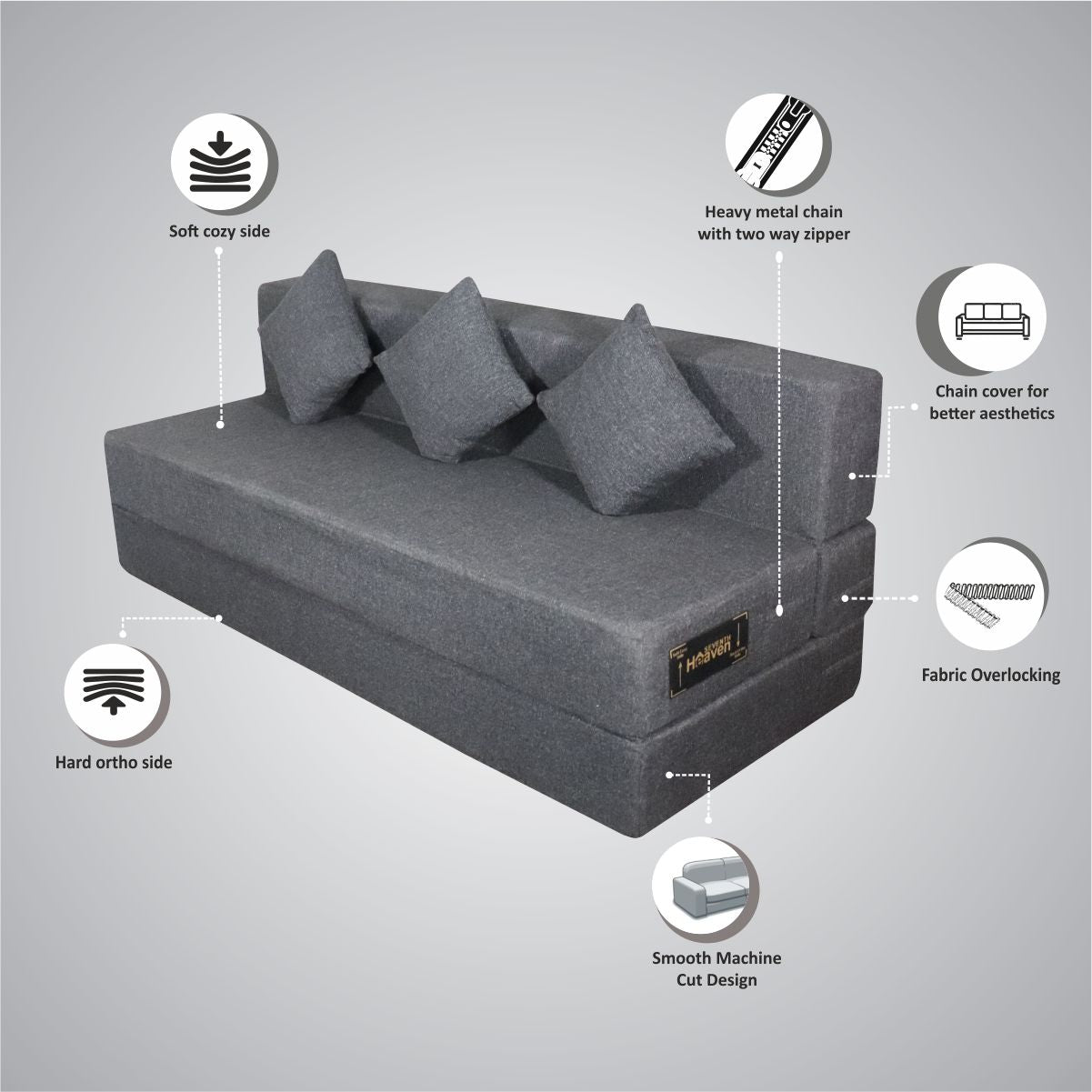 Grey Jute Fabric 6×6 Sofa cum Bed with 3 Cushion