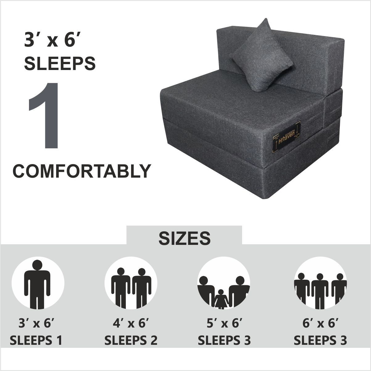 Dark Grey Jute Fabric 6'×3' Sofa cum Bed with 1 Cushion