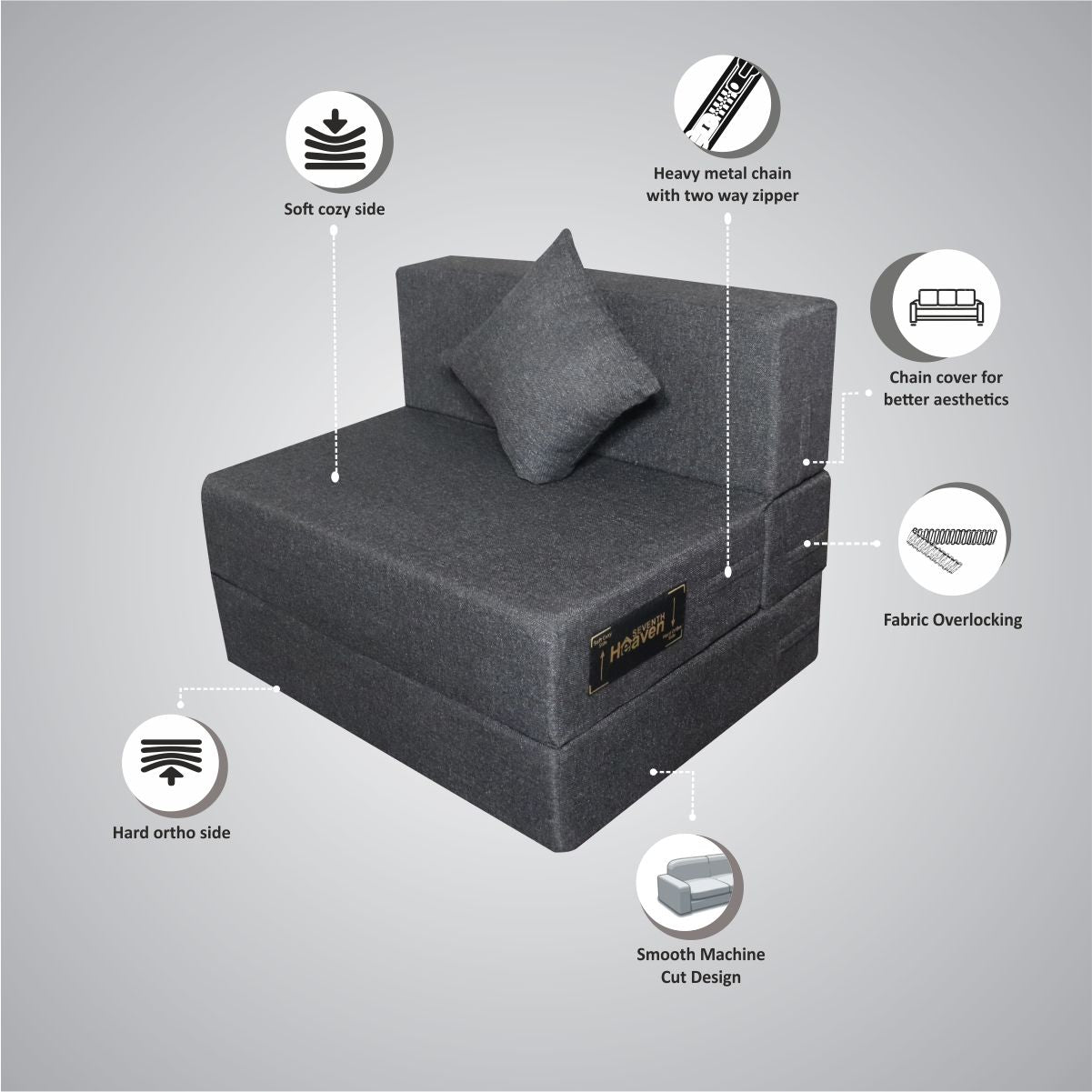 Dark Grey Jute Fabric 6'×3' Sofa cum Bed with 1 Cushion