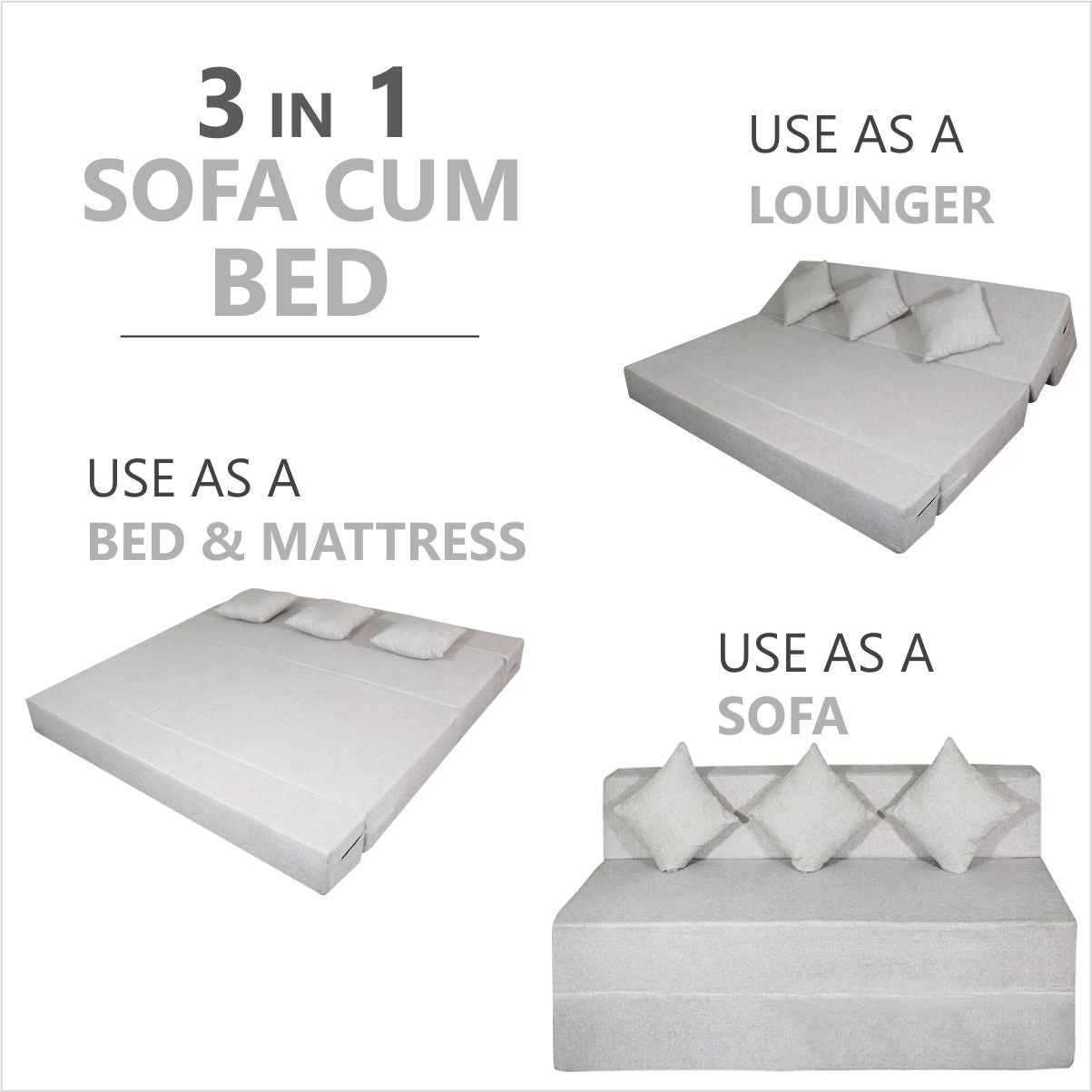 Light Grey Jute Fabric 6×6 Sofa cum Bed with 3 Cushion