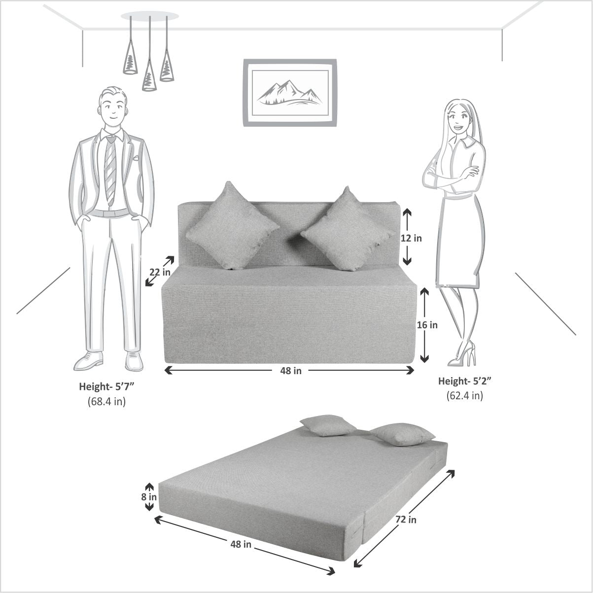 Light Grey Jute Fabric 6×4 Sofa cum Bed with 2 Cushion