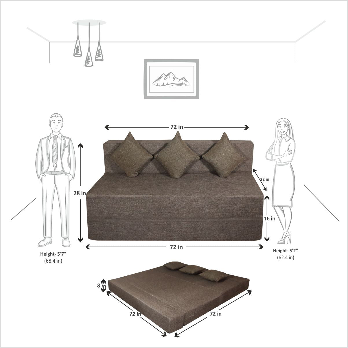 Brown Jute Fabric 6×6 Sofa cum Bed with 3 Cushion