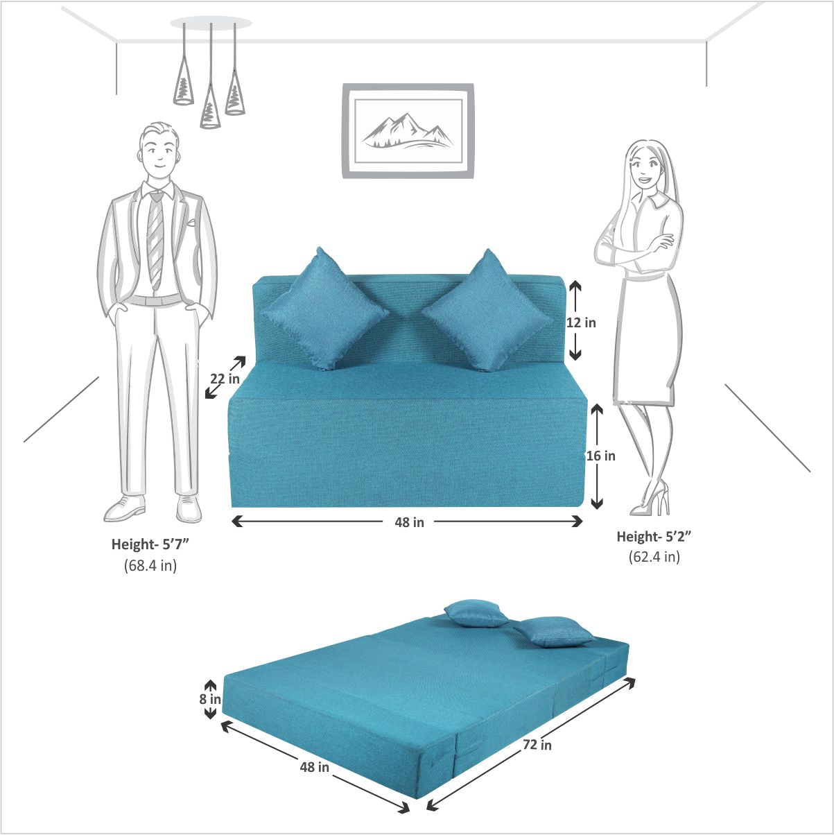 Blue Jute Fabric 6×4 Sofa cum Bed with 2 Cushion