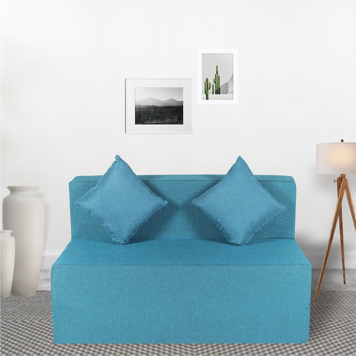 Blue Jute Fabric 6×4 Sofa cum Bed with 2 Cushion