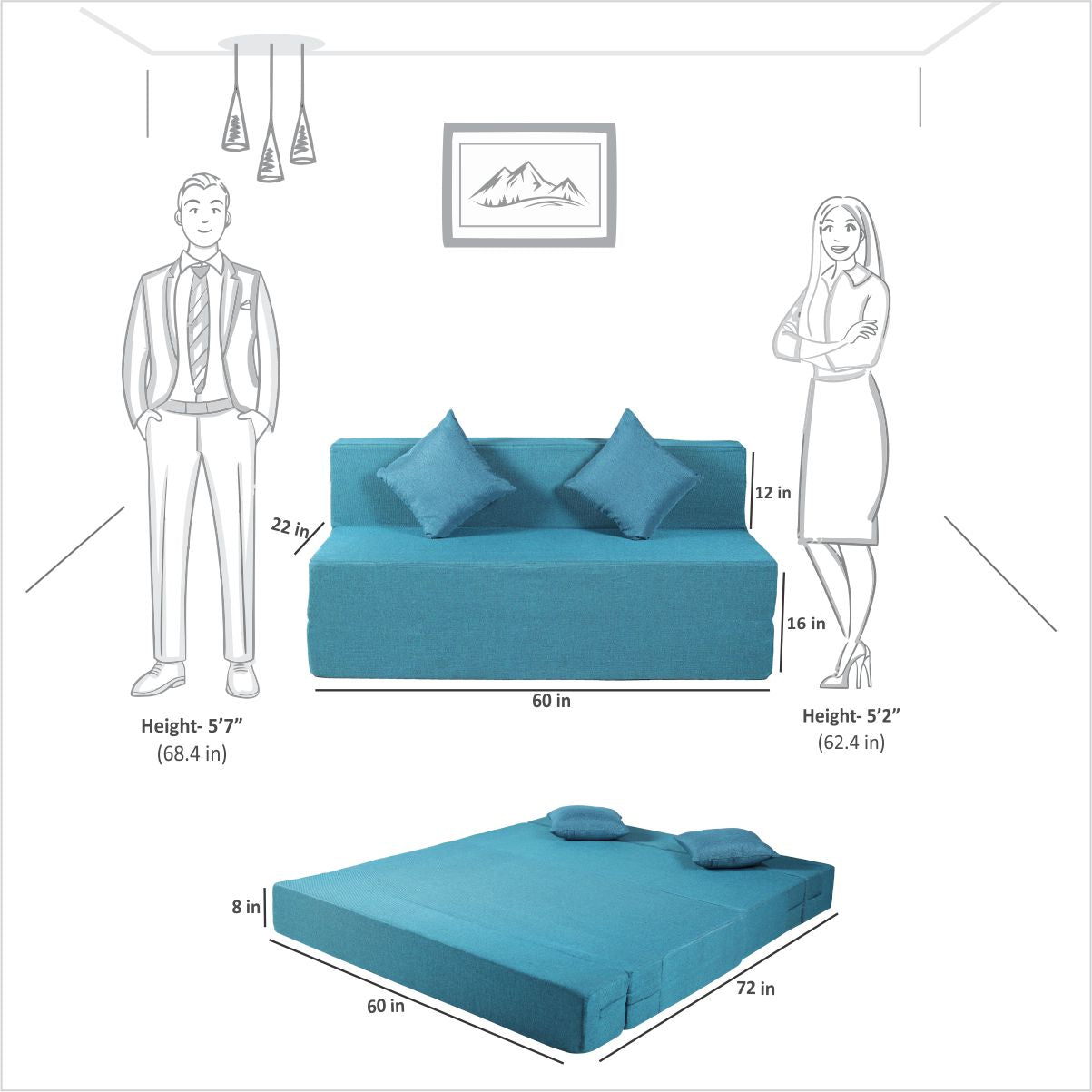 Blue Jute Fabric 6×5 Sofa cum Bed with 2 Cushion