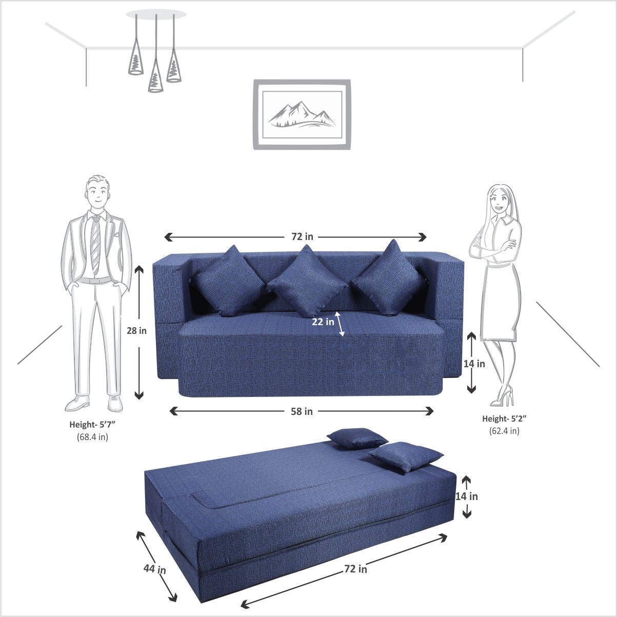 Blue Poly Cotton Soft Fabric (72"x44'x14")FlipperX Sofa Bed